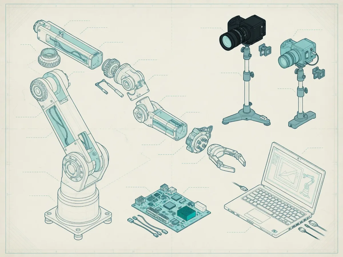 Exploded-view illustration of a robot test rig with arm, cameras, controller and laptop.