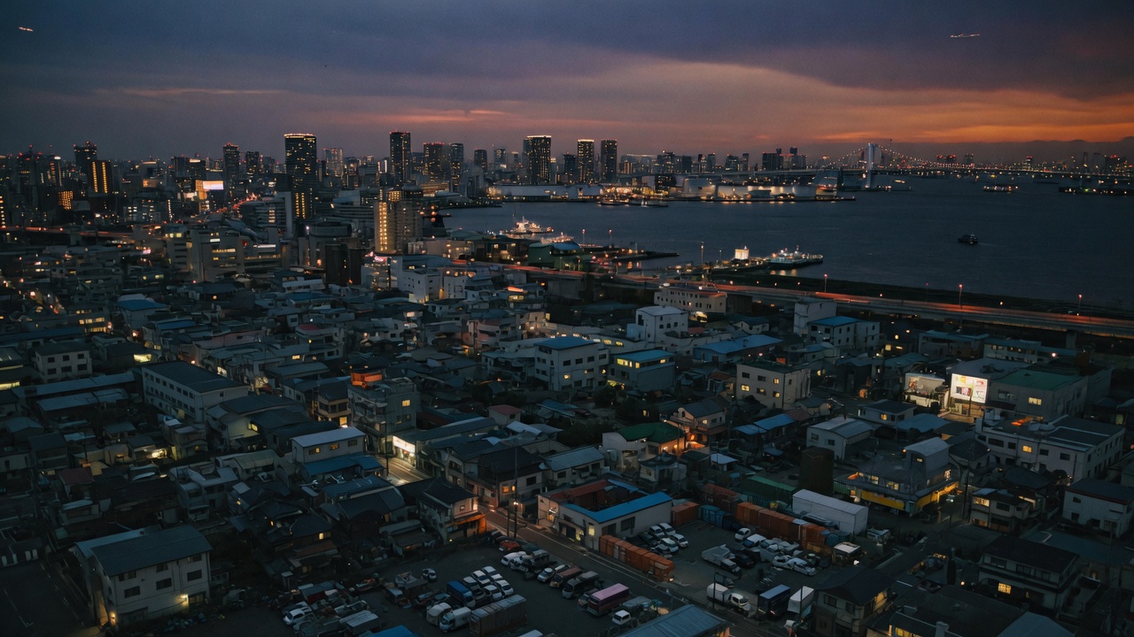 Tokyo at dusk, looking across the bay toward the Rainbow Bridge