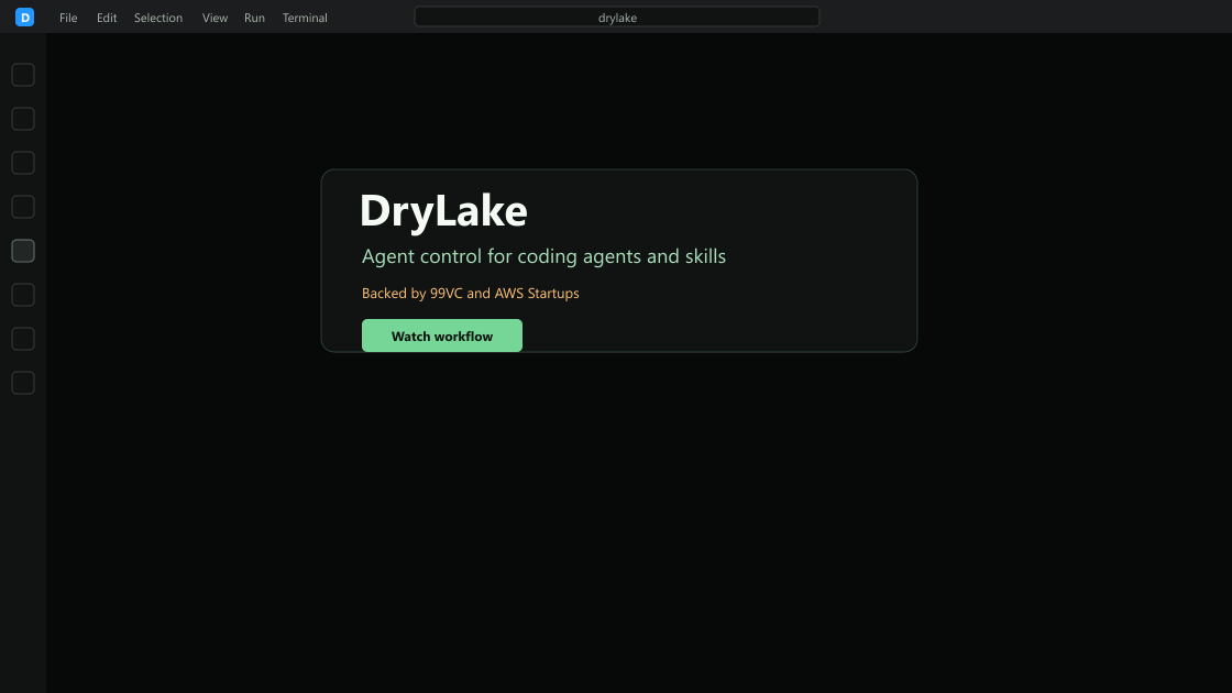 DryLake Agent Control workflow showing phase cards, agent selection, skills, terminal handoffs, and completed outcomes