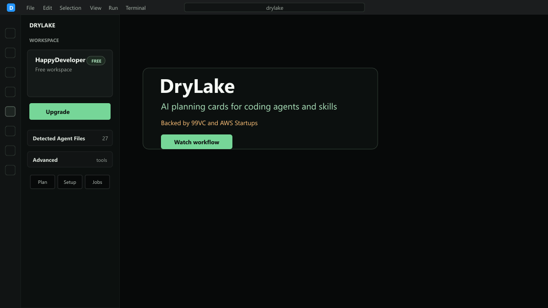 DryLake workflow showing planning cards, agent selection, skill selection, and terminal handoffs