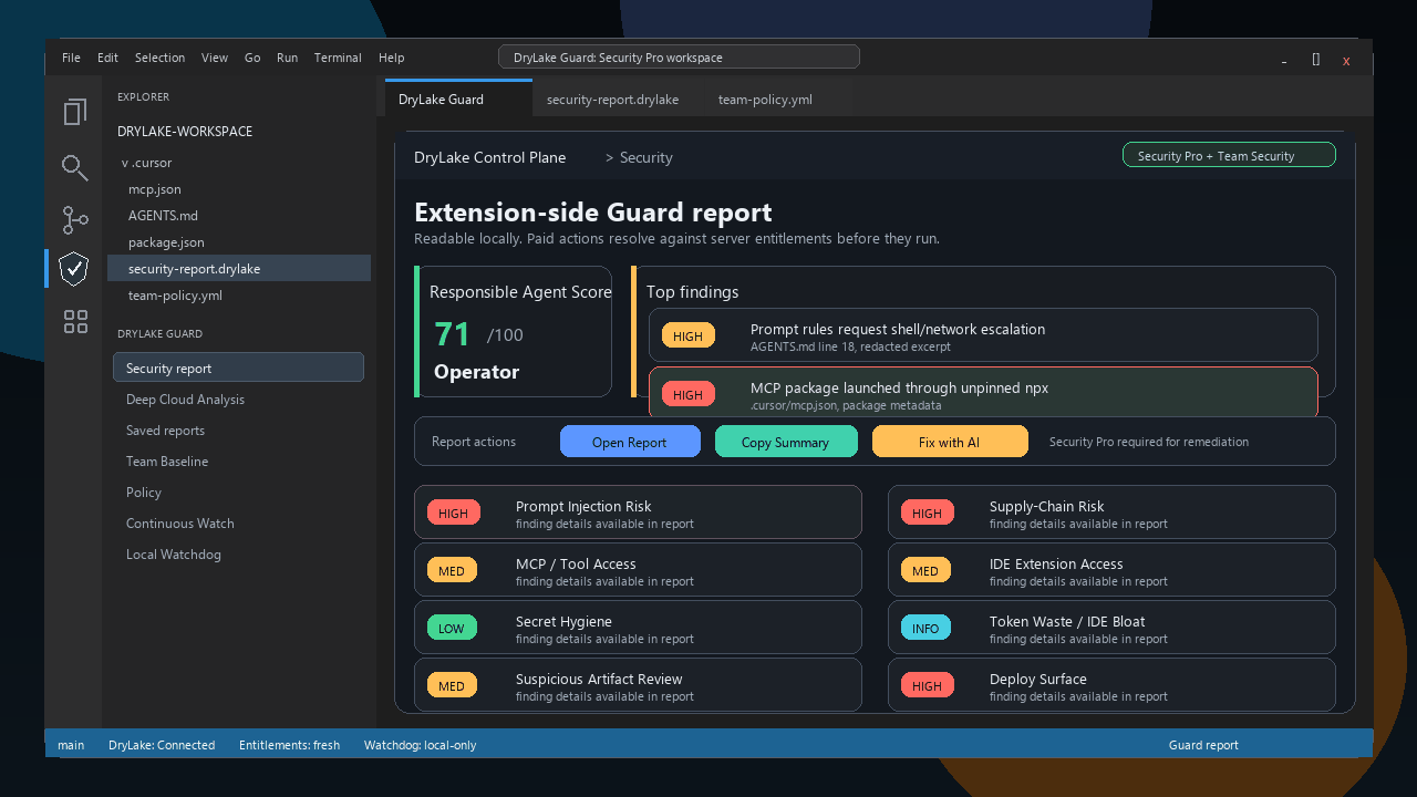 DryLake paid security workflow showing Fix with AI, Deep Cloud Analysis, saved reports, team policy, baseline drift, Continuous Watch, and local Watchdog